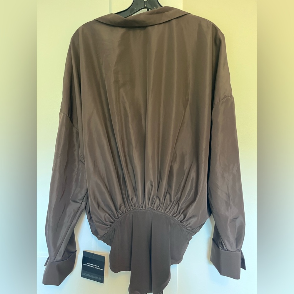 Norma Kamali Deep V Balloon Sleeve Blouse in Chocolate Brown - Picture 14 of 15